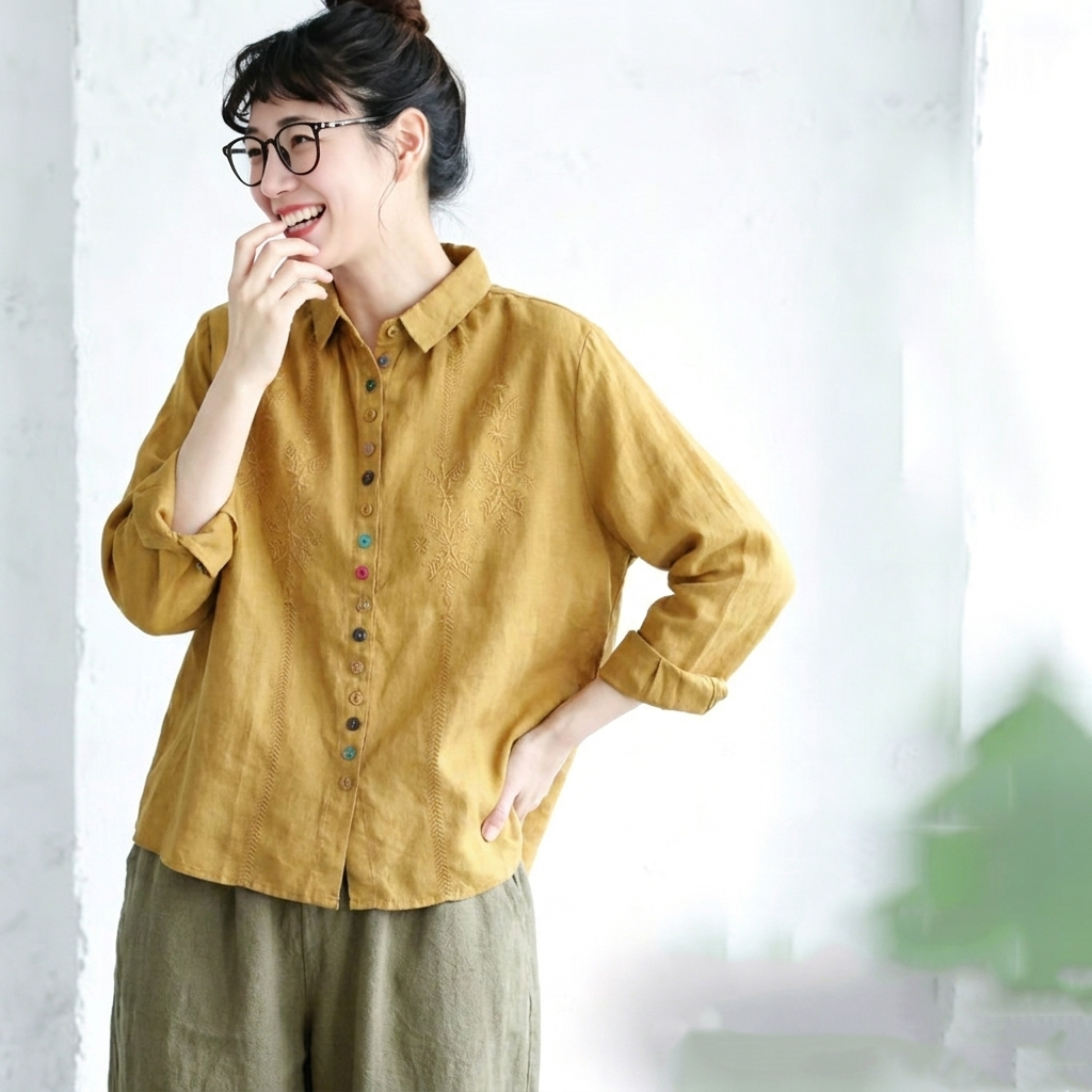 L-2XL 綿麻 刺繍 長袖 ボタン 折り襟 レトロ シャツ L グリーン