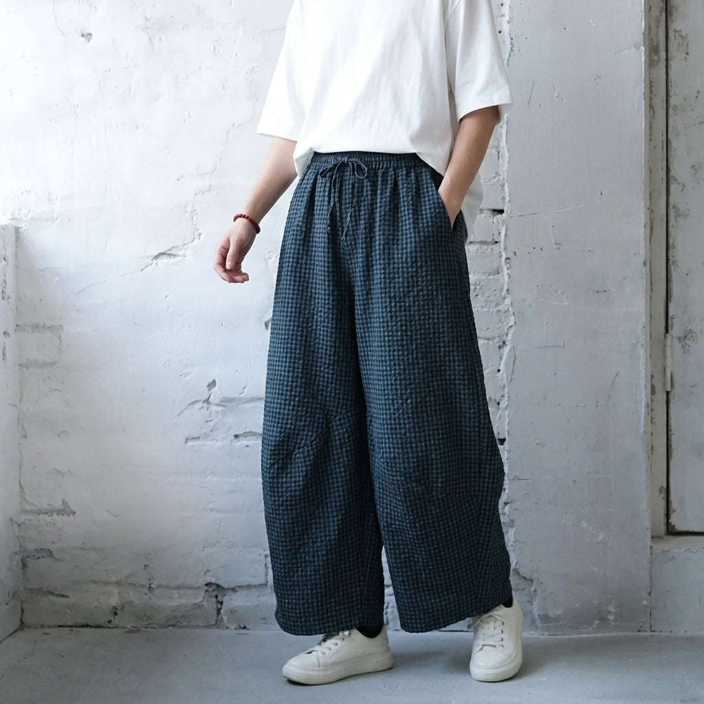 M-2XL 履き飽きない「新感覚」シンプル ナチュラル チェック柄 ガウチョパンツ M ダークブルー