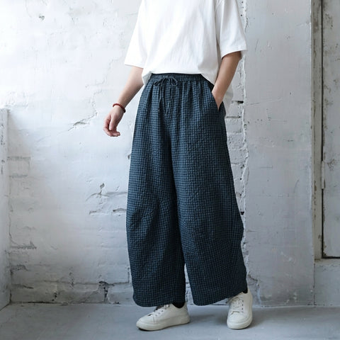 M-2XL 履き飽きない「新感覚」シンプル ナチュラル チェック柄 ガウチョパンツ M ダークブルー