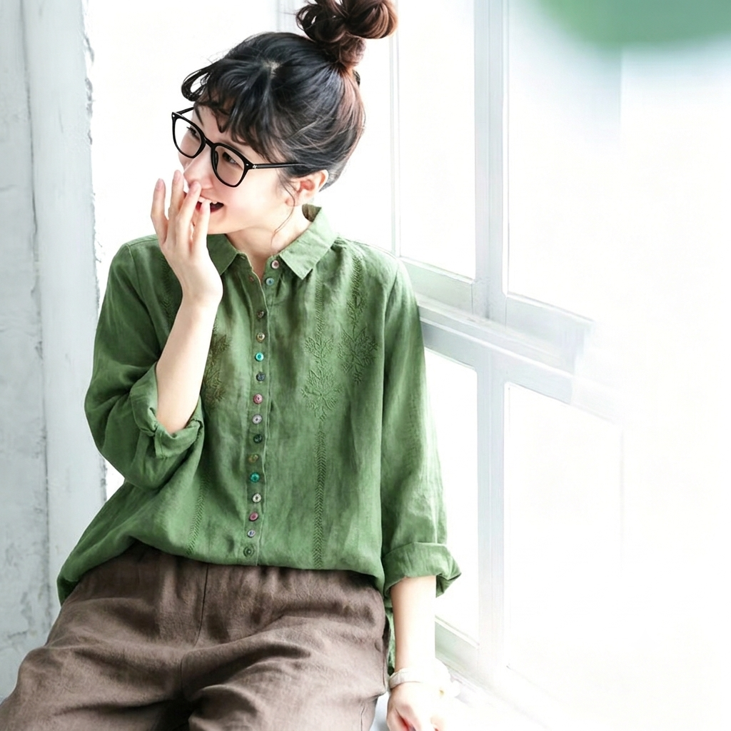 L-2XL 綿麻 刺繍 長袖 ボタン 折り襟 レトロ シャツ 2XL グリーン