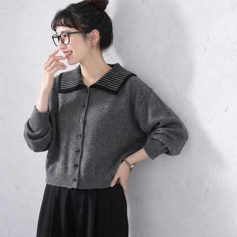 S-4XL 人気を獲得♡ 配色 長袖 ボタン 無地 カーディガン S ネイビー