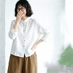 L-2XL 綿麻 刺繍 長袖 ボタン 折り襟 レトロ シャツ 2XL ホワイト
