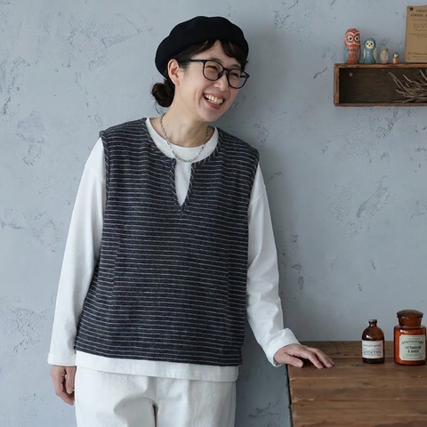 M-3XL ボーダー キーネック セット風デザイン 切り替え袖 ゆとりのある Tシャツ M ダークグレー
