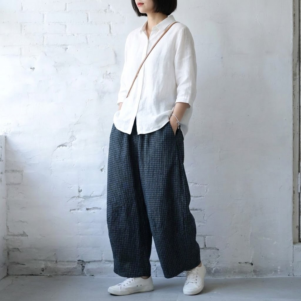 M-2XL 履き飽きない「新感覚」シンプル ナチュラル チェック柄 ガウチョパンツ M ダークブルー