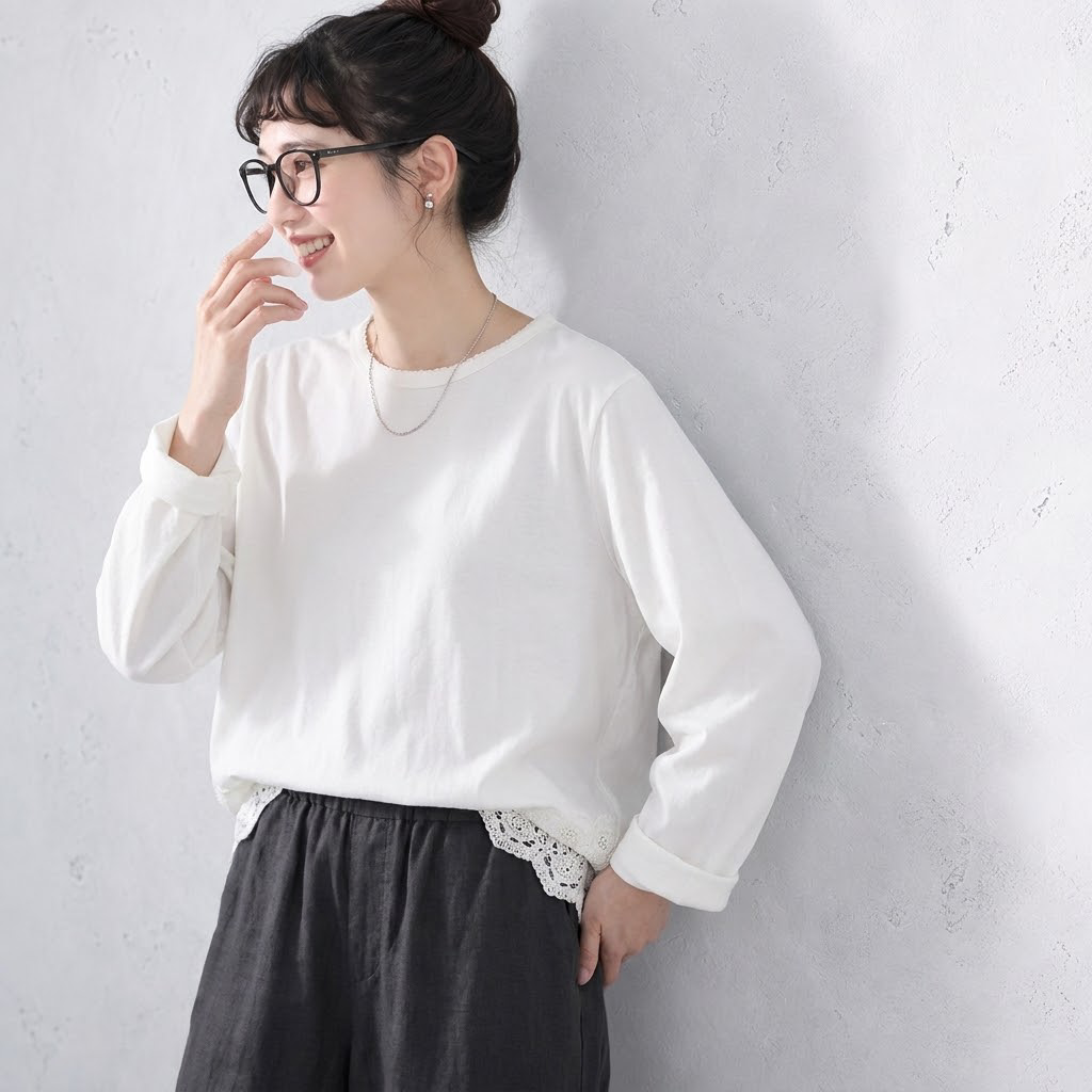 F テクスチャ コットン 柔らかい 無地 切り替え レース Tシャツ フリー ホワイト