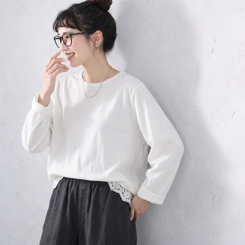 F テクスチャ コットン 柔らかい 無地 切り替え レース Tシャツ フリー ホワイト