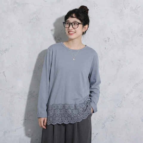 F テクスチャ コットン 柔らかい 無地 切り替え レース Tシャツ フリー ライトブルー