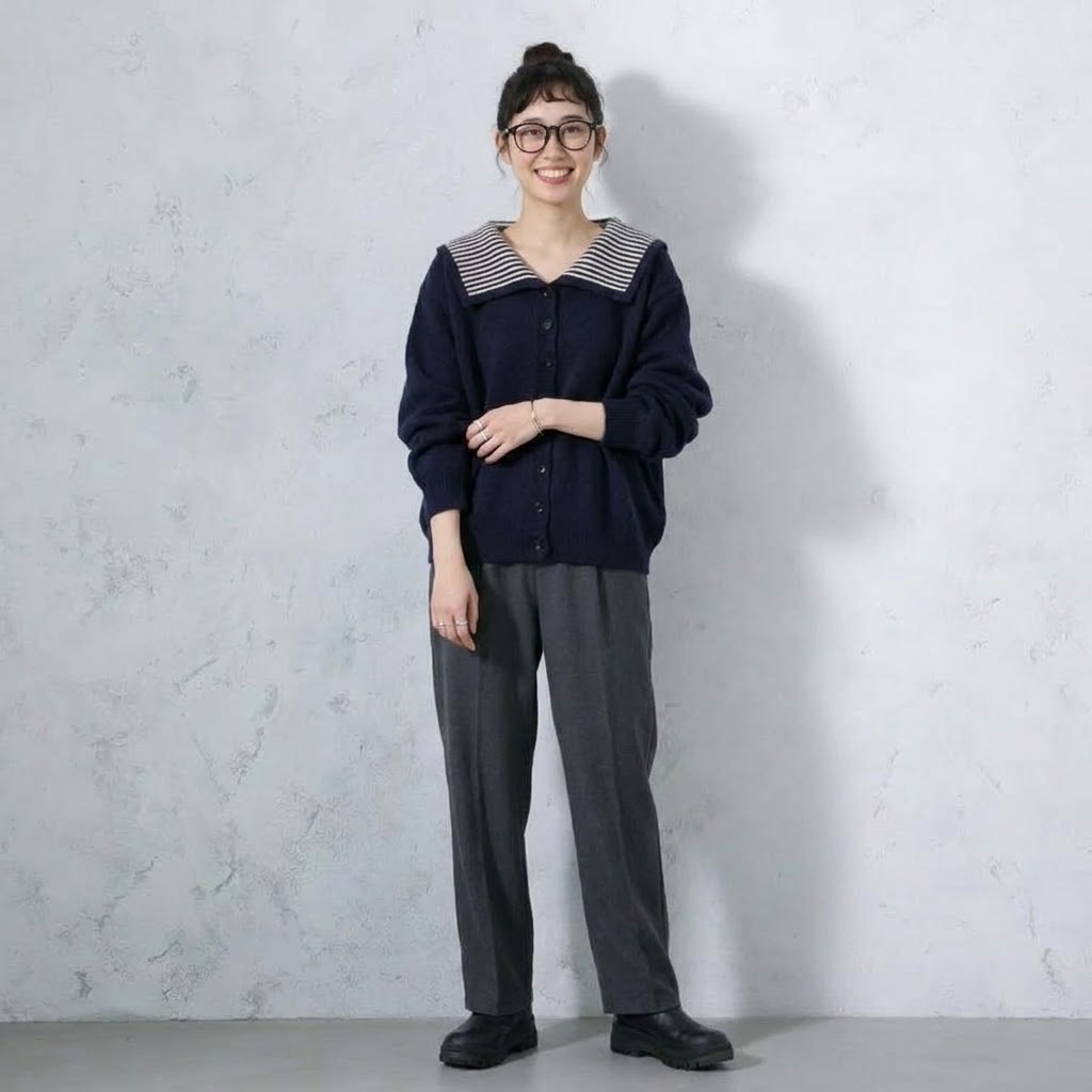 S-4XL 人気を獲得♡ 配色 長袖 ボタン 無地 カーディガン 4XL ネイビー