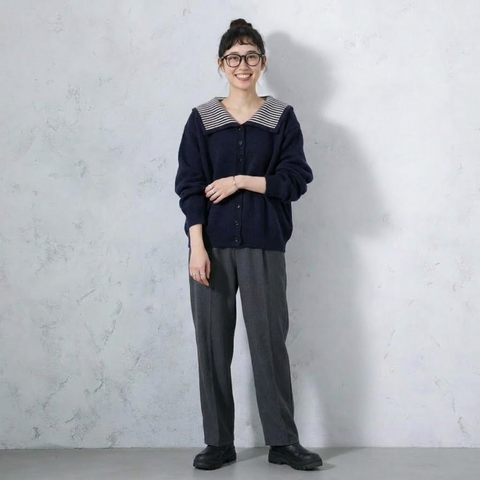 S-4XL 人気を獲得♡ 配色 長袖 ボタン 無地 カーディガン 4XL ネイビー