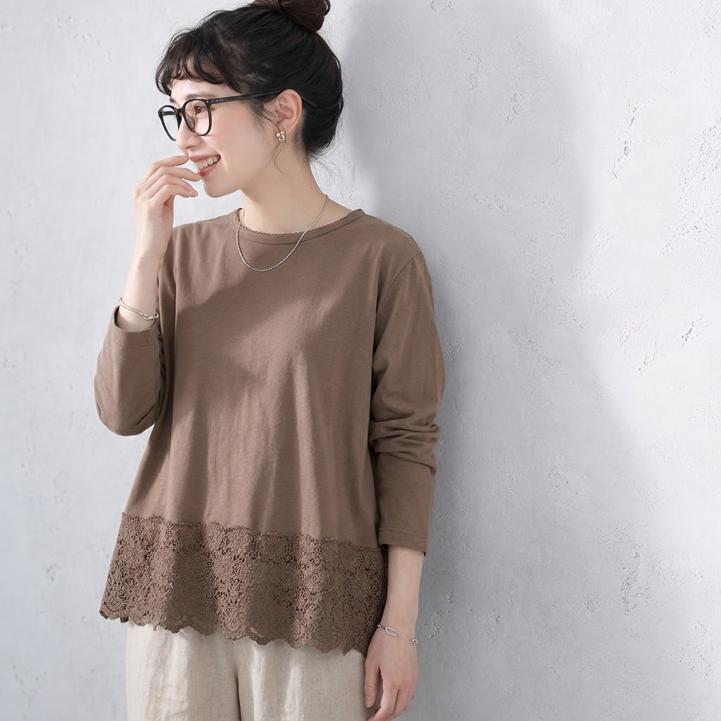 F テクスチャ コットン 柔らかい 無地 切り替え レース Tシャツ フリー キャメル