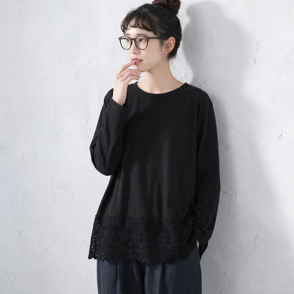 F テクスチャ コットン 柔らかい 無地 切り替え レース Tシャツ フリー ブラック
