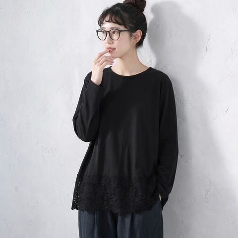 F テクスチャ コットン 柔らかい 無地 切り替え レース Tシャツ フリー ブラック