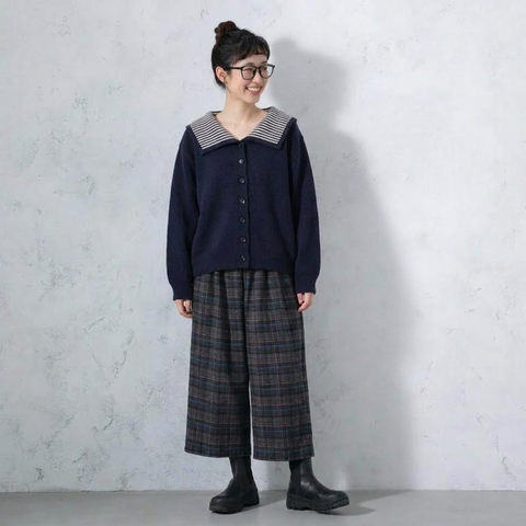 S-4XL 人気を獲得♡ 配色 長袖 ボタン 無地 カーディガン S ネイビー