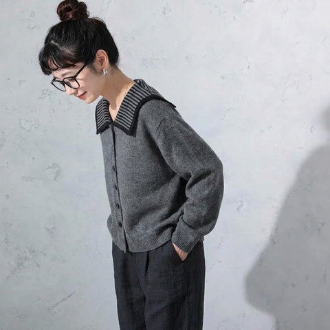 S-4XL 人気を獲得♡ 配色 長袖 ボタン 無地 カーディガン S ネイビー