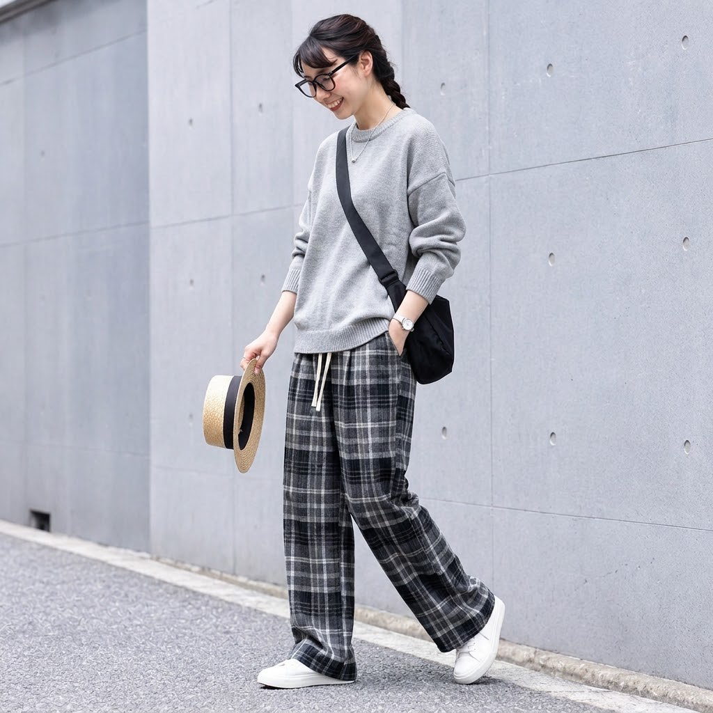 L-6XL チェック柄 ポケット付き  ロング丈  ストレートパンツ L ダークグレー (通常タイプ)