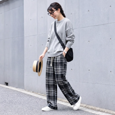 L-6XL チェック柄 ポケット付き  ロング丈  ストレートパンツ L ダークグレー (通常タイプ)