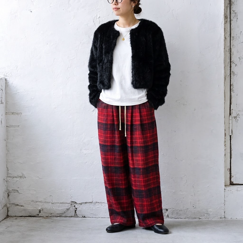 L-6XL チェック柄 ポケット付き  ロング丈  ストレートパンツ 6XL レッド (裏起毛・厚手)
