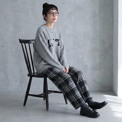 L-6XL チェック柄 ポケット付き  ロング丈  ストレートパンツ 6XL ダークグレー (裏起毛・厚手)
