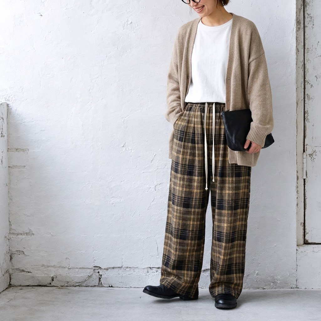 L-6XL チェック柄 ポケット付き  ロング丈  ストレートパンツ 6XL イエロー (通常タイプ)
