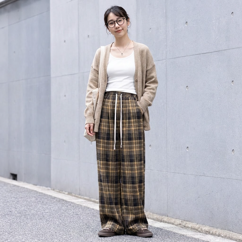 L-6XL チェック柄 ポケット付き  ロング丈  ストレートパンツ 6XL イエロー (裏起毛・厚手)