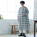 M-2XL チェック柄 ポケット付き ランタンスリーブ 森ガール ワンピース M ブルーチェック