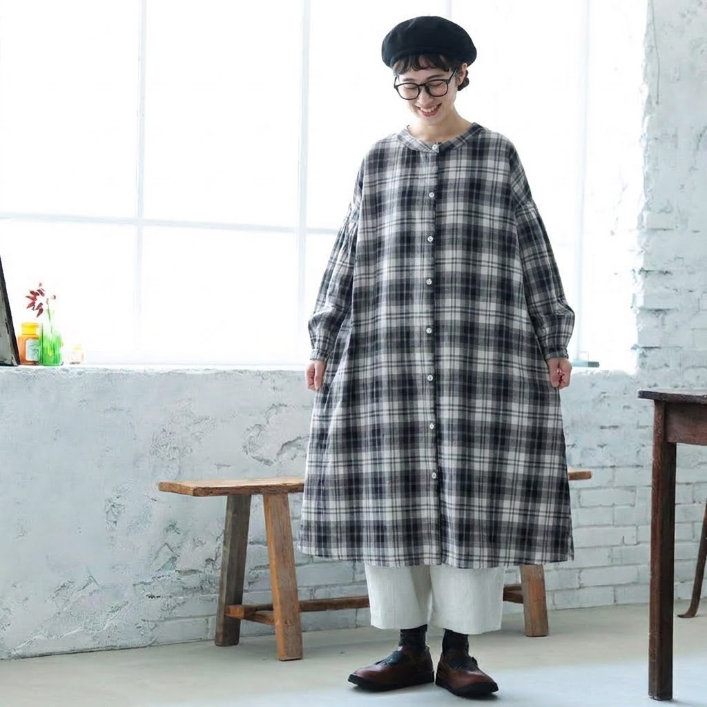 M-2XL チェック柄 ポケット付き ランタンスリーブ 森ガール ワンピース 2XL ブラックチェック