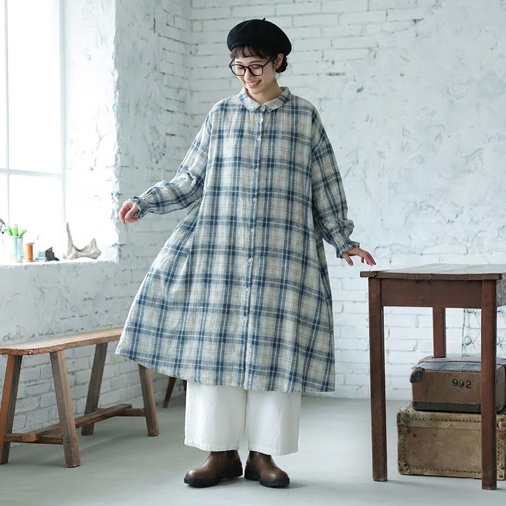 M-2XL チェック柄 ポケット付き ランタンスリーブ 森ガール ワンピース 2XL ブルーチェック