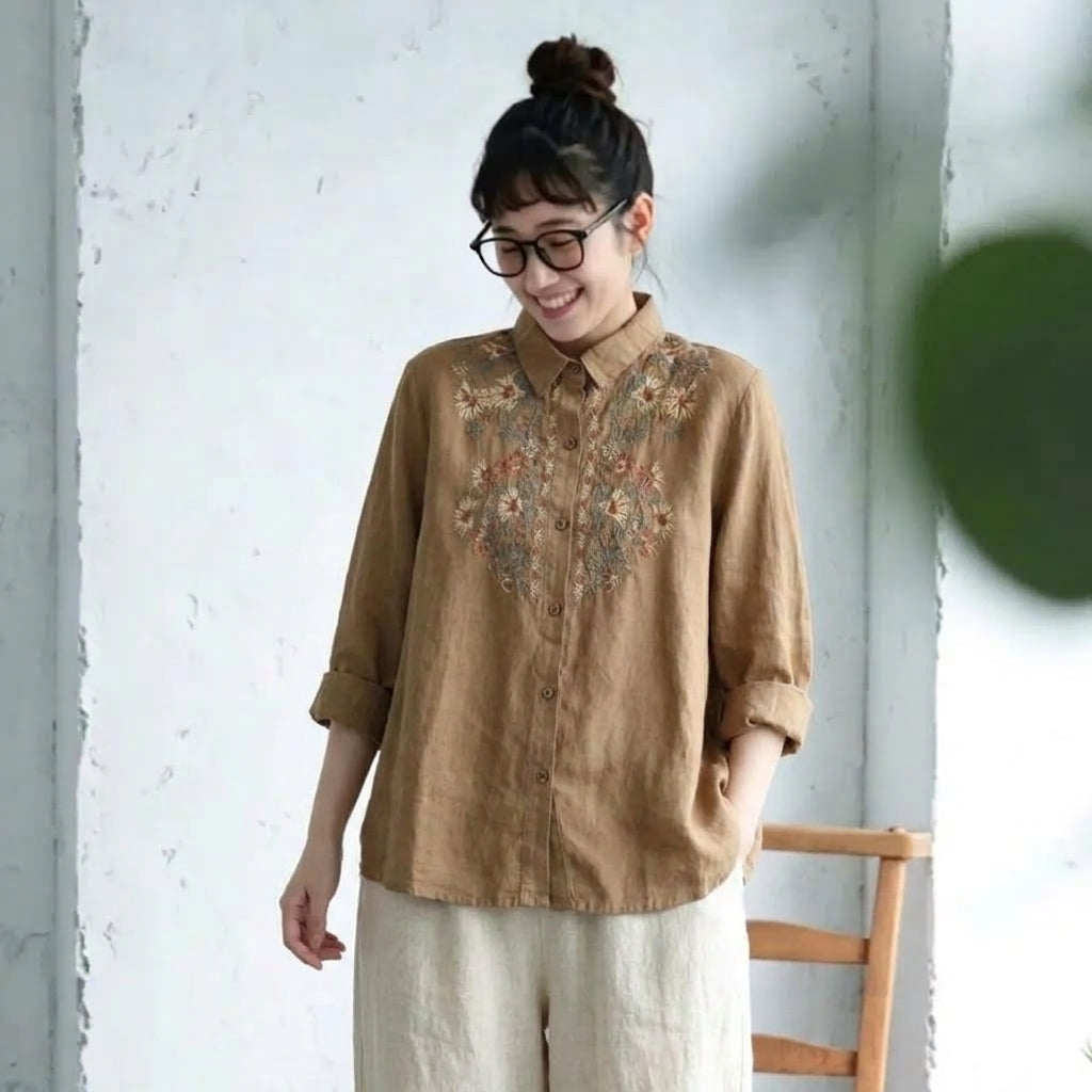M-3XL 綿麻 花模様 刺繍 肌触り柔らかい レトロ ブラウス M カーキ