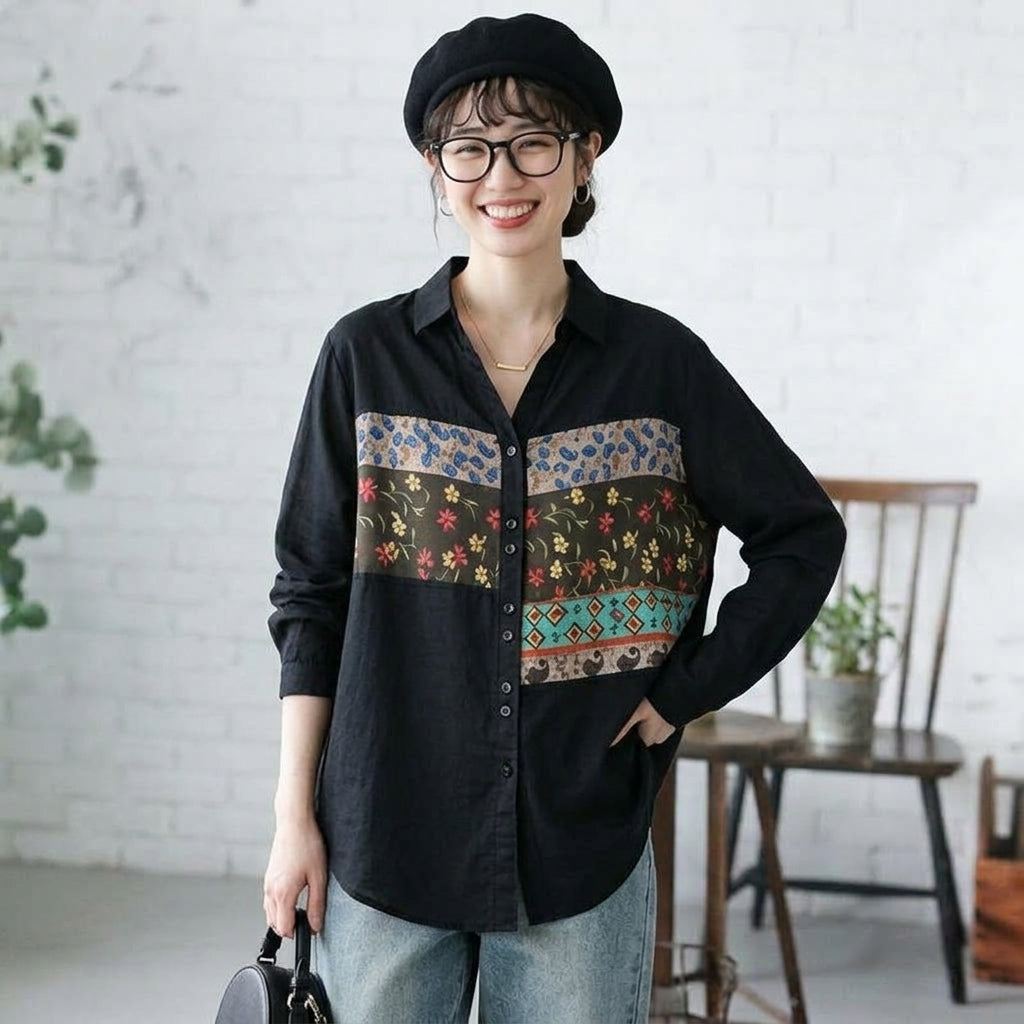 L-5XL 人気を獲得♡ 長袖 花柄 配色 プリント シャツ 5XL 写真通り02