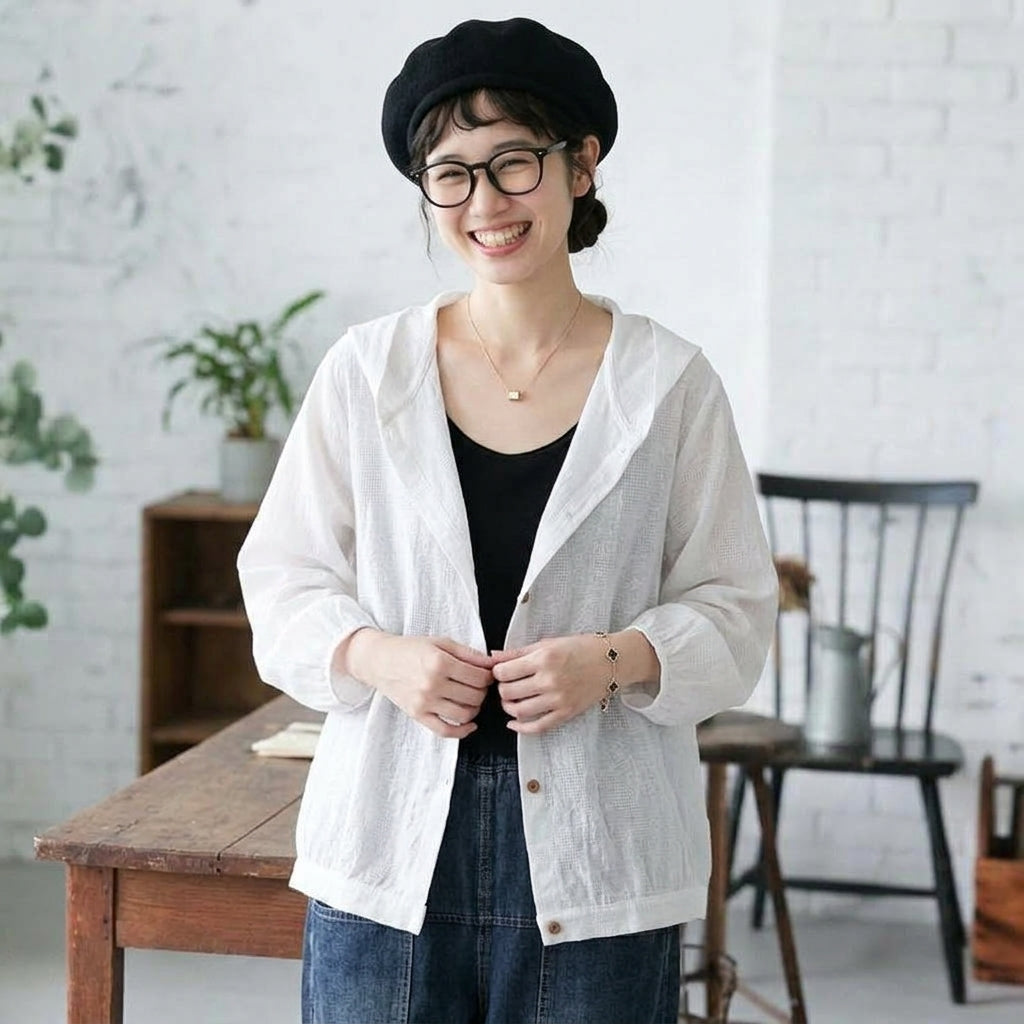 M-2XL 女性に大人気 綿麻 耐久性 シンプル フード付き 無地 プリント シャツ M ホワイト