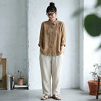 M-3XL 綿麻 花模様 刺繍 肌触り柔らかい レトロ ブラウス M カーキ
