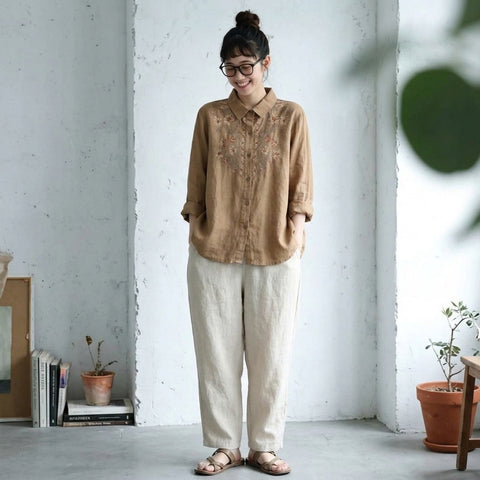 M-3XL 綿麻 花模様 刺繍 肌触り柔らかい レトロ ブラウス M カーキ