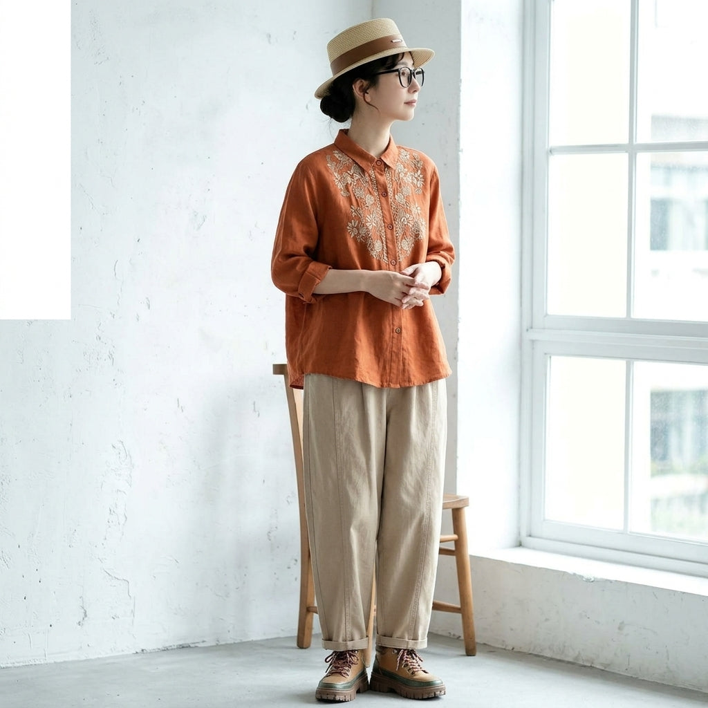 M-3XL 綿麻 花模様 刺繍 肌触り柔らかい レトロ ブラウス M カーキ