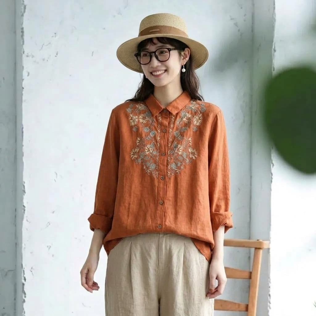 M-3XL 綿麻 花模様 刺繍 肌触り柔らかい レトロ ブラウス 3XL オレンジ