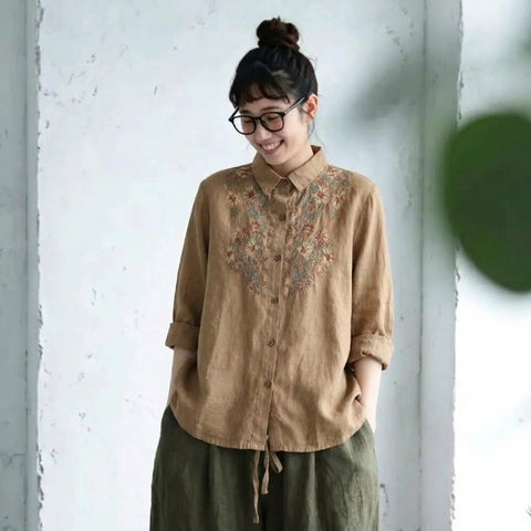 M-3XL 綿麻 花模様 刺繍 肌触り柔らかい レトロ ブラウス 3XL カーキ