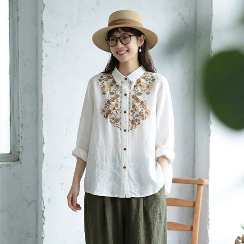 M-3XL 綿麻 花模様 刺繍 肌触り柔らかい レトロ ブラウス M カーキ