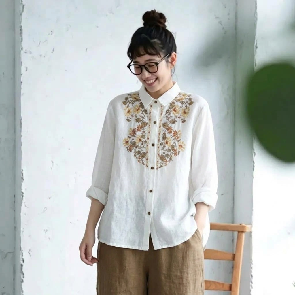 M-3XL 綿麻 花模様 刺繍 肌触り柔らかい レトロ ブラウス 3XL ホワイト