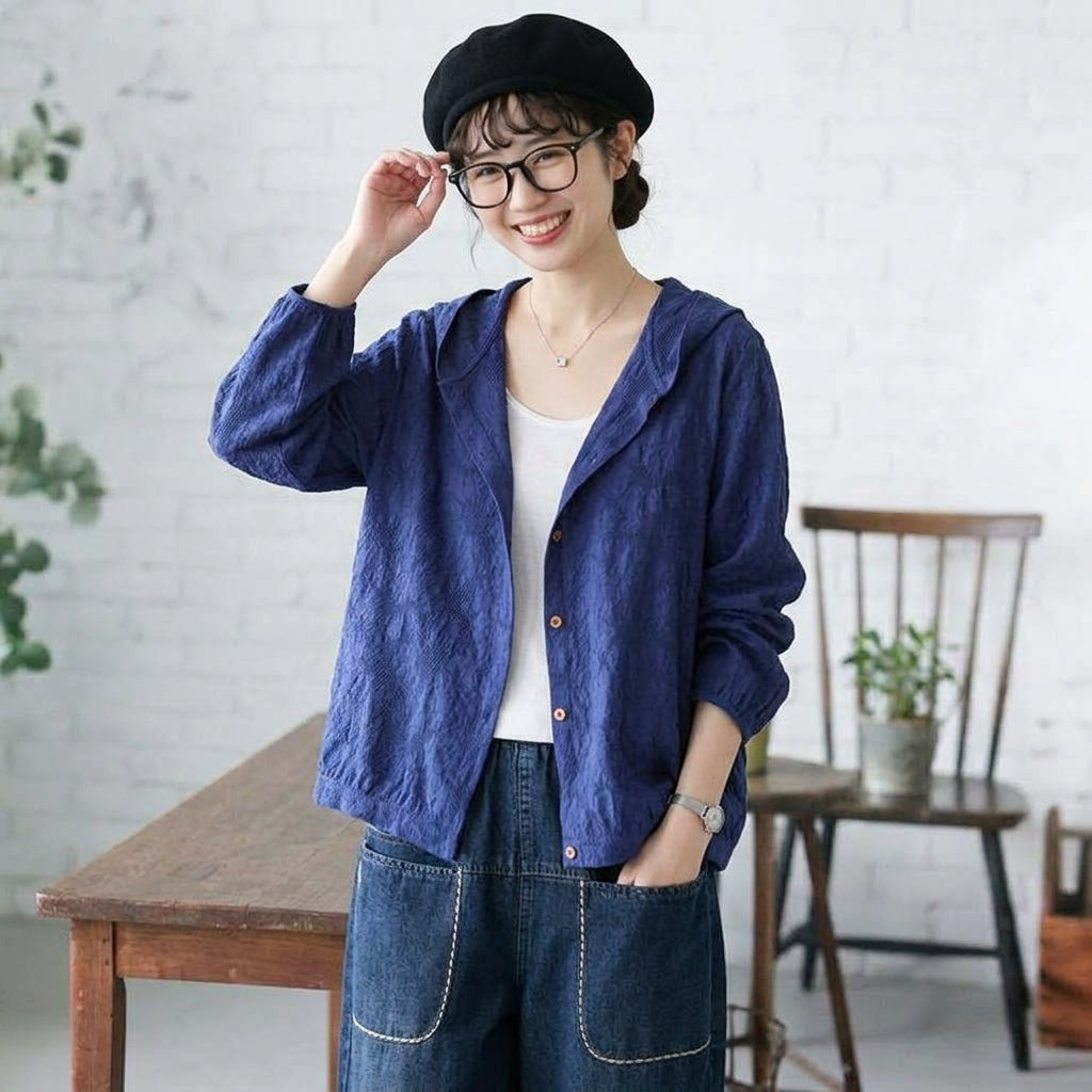 M-2XL 女性に大人気 綿麻 耐久性 シンプル フード付き 無地 プリント シャツ 2XL ブルー
