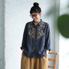 M-3XL 綿麻 花模様 刺繍 肌触り柔らかい レトロ ブラウス 3XL ネイビー