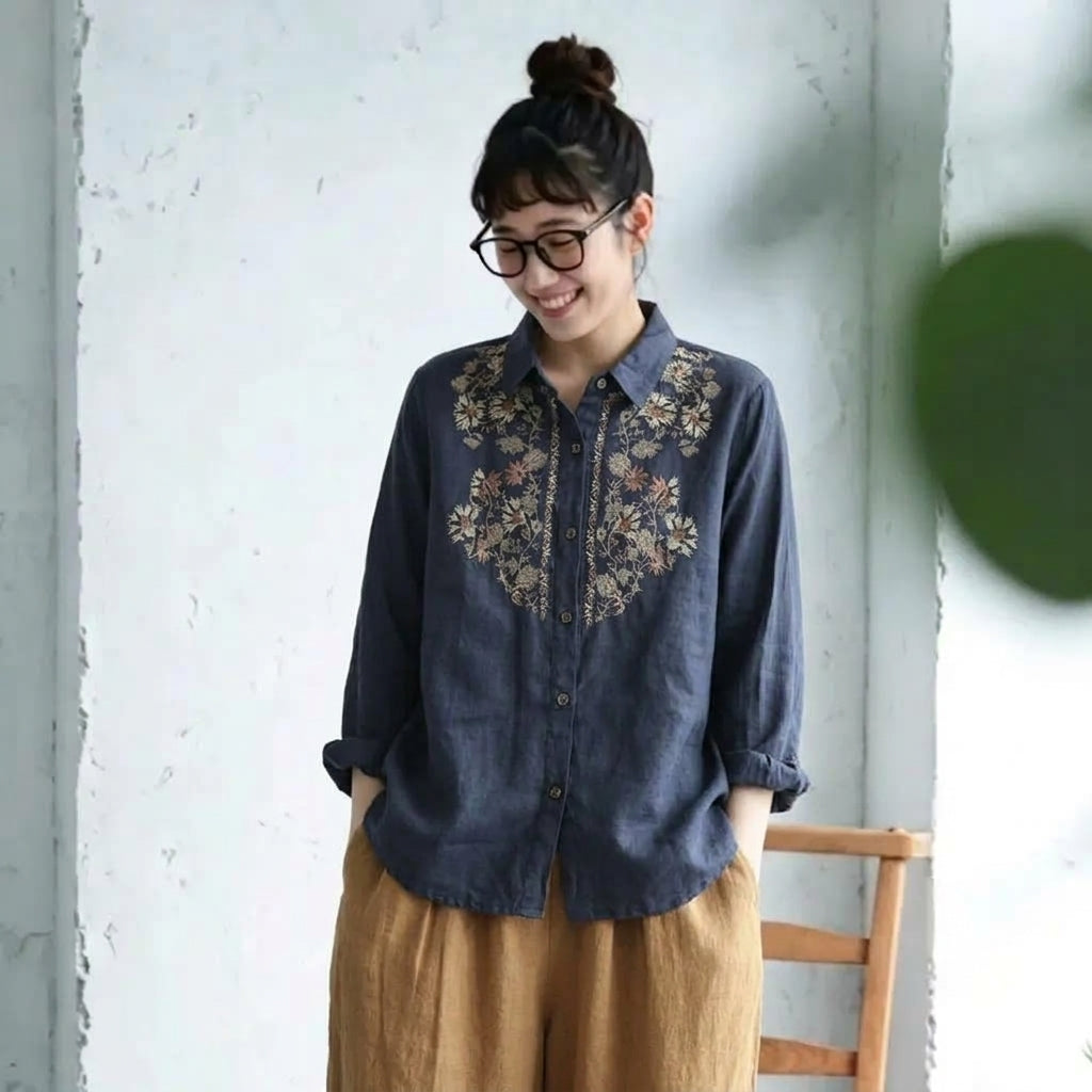 M-3XL 綿麻 花模様 刺繍 肌触り柔らかい レトロ ブラウス 3XL ネイビー