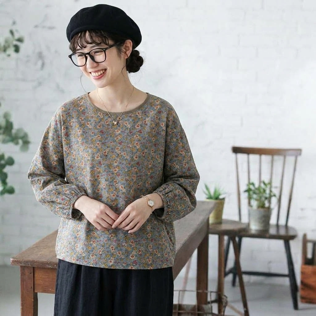 M-2XL 女性に大人気 綿麻 花柄 耐久性 ナチュラル 長袖 シンプル シャツ 2XL グレー