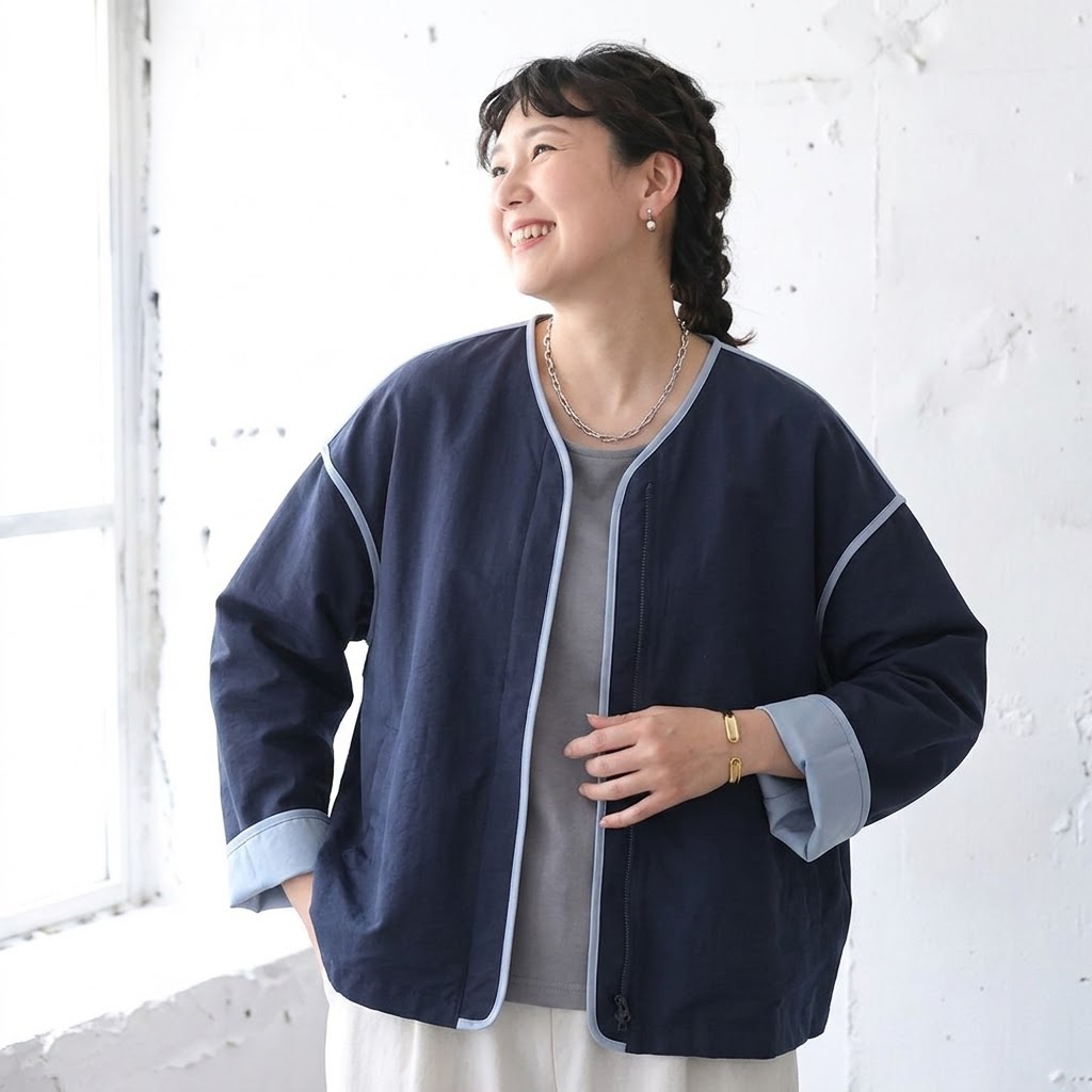 M-4XL 人気を獲得♡ 落ち肩スリーブ 長袖 無地 配色 ジャケット M ネイビー