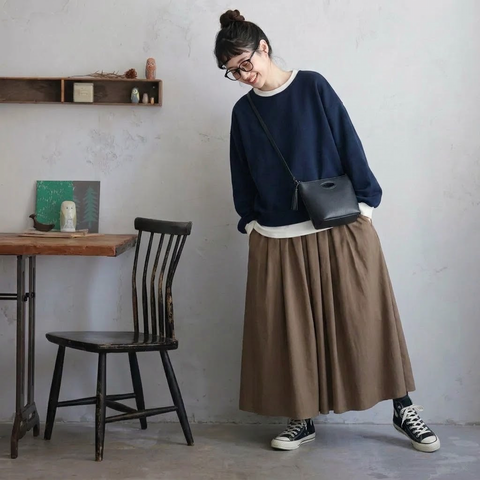 S-L プリーツ 無地 ランタンスリーブ 配色 長袖 スカートセット S ネイビー／トップス＋ブラウン／スカート