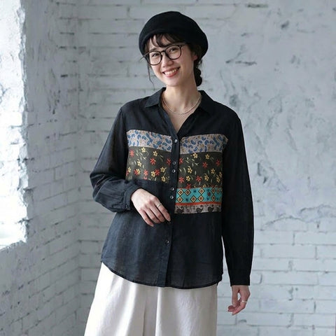 L-5XL 人気を獲得♡ 長袖 花柄 配色 プリント シャツ L 写真通り01