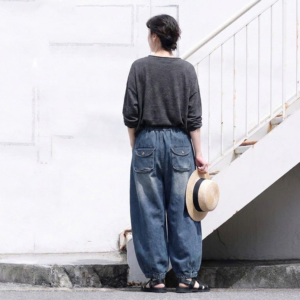 M-2XL 長く着られる ウエストゴム ハーレムパンツ 体型カバー ロングパンツ M 写真通り