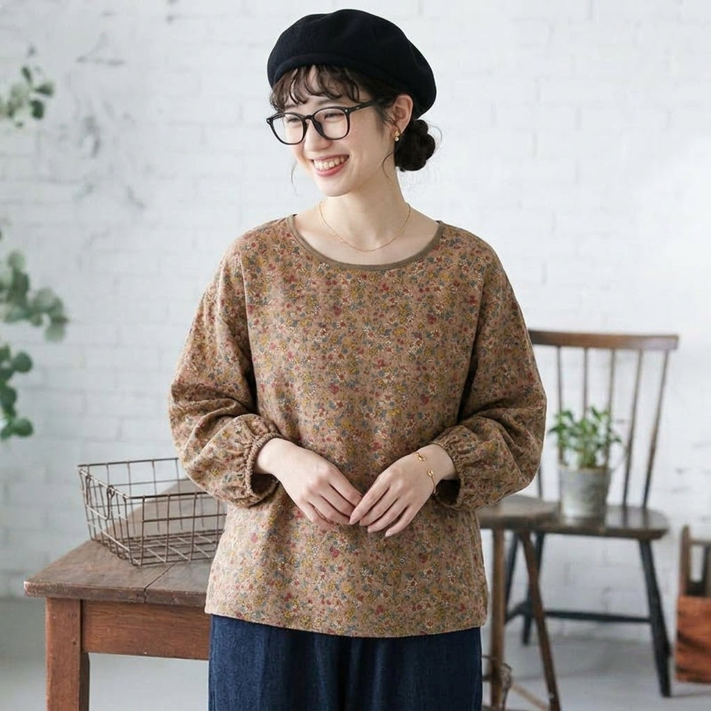 M-2XL 女性に大人気 綿麻 花柄 耐久性 ナチュラル 長袖 シンプル シャツ M コーヒー