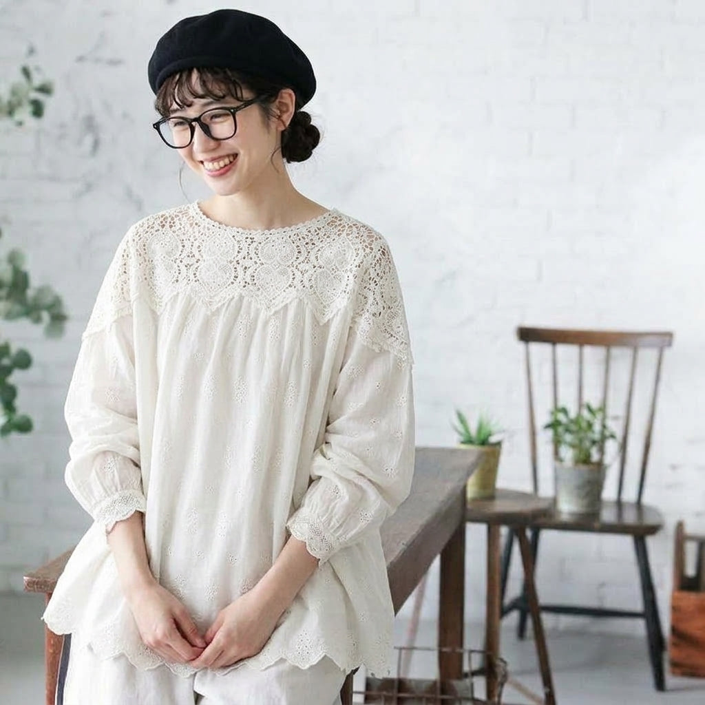 L-XL ほのかな甘さの大人レースブラウス XL アイボリー