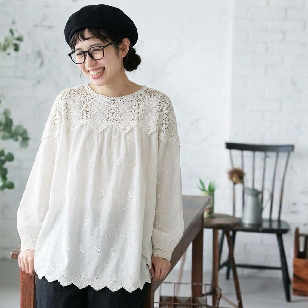 L-XL ほのかな甘さの大人レースブラウス L ホワイト