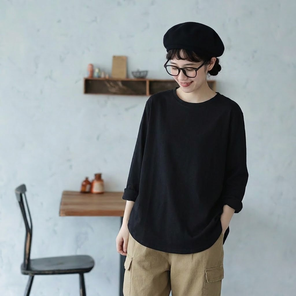 M-4XL ラウンドネック オーバーシルエット 長袖 Ｔシャツ M ブラック