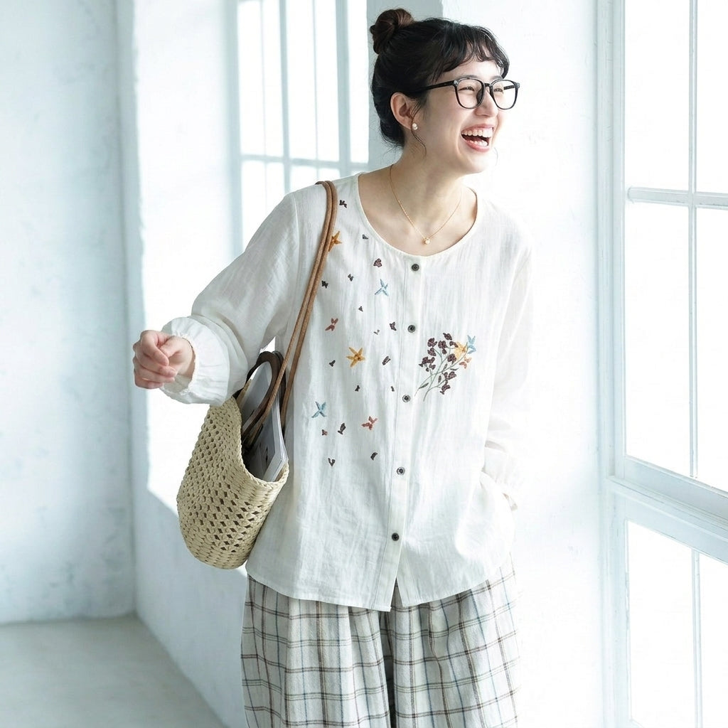M-2XL 刺繍 通気性良い ナチュラル シンプル 耐久性 長袖トップス M グリーン